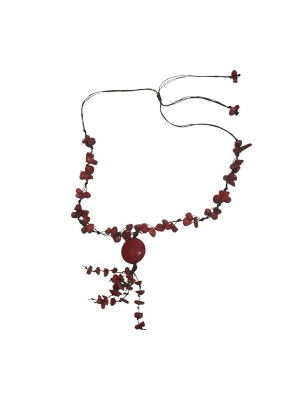 Red Faux Coral Statement Necklace on Adjustable Brown Cord